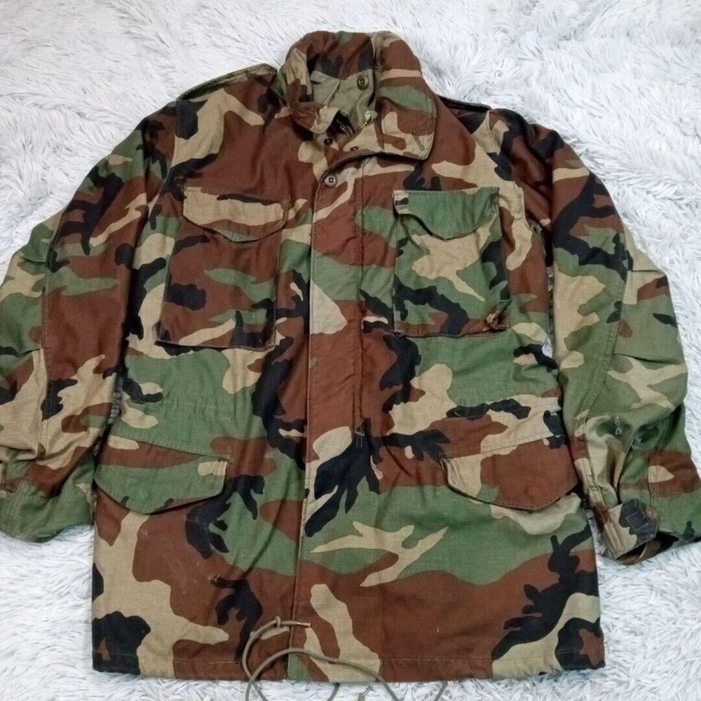Vintage Military Jacket Mens M Long Green Camo Pockets Zip‎ Up Army Coat Hunting
